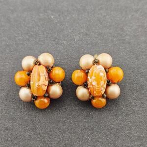 Vintage Orange Beaded Clip On Statement Earrings Retro Mod Style Bubble Cluster
